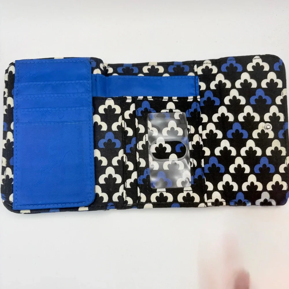 Vera Bradley Canterberry Cobalt Trifold Wallet Blue Black White Quilted - Picture 4 of 5